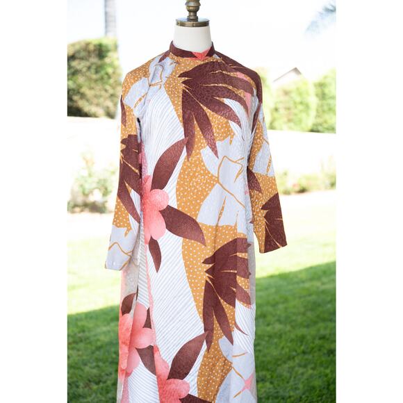 Floral Asian Kimono Dress Palm Leaves Retro Vintage - Picture 1 of 9